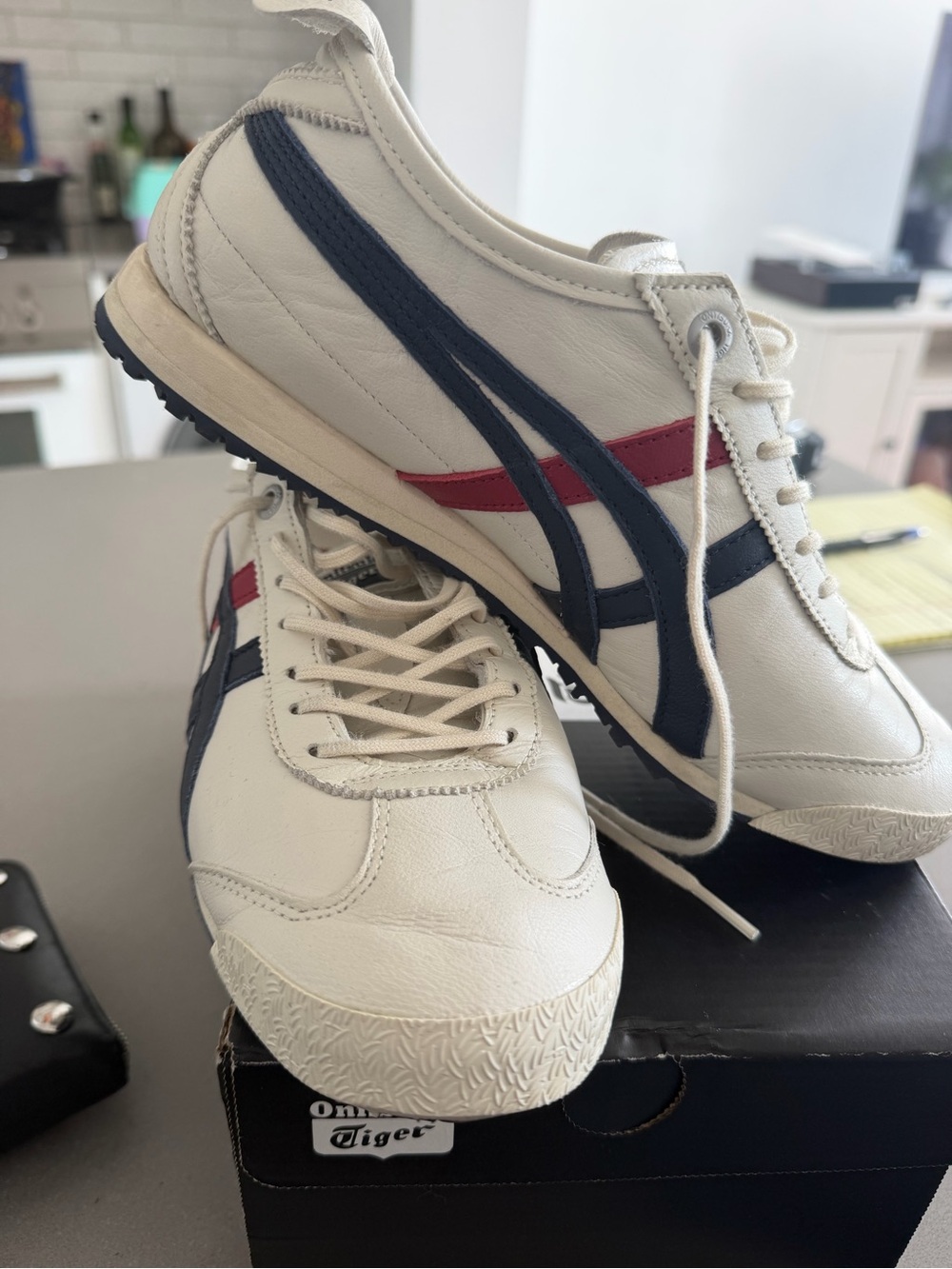 Onitsuka Tiger by Asics women’s Cream Leather Sneakers with Navy & Red Stripes - Picture 2 of 4